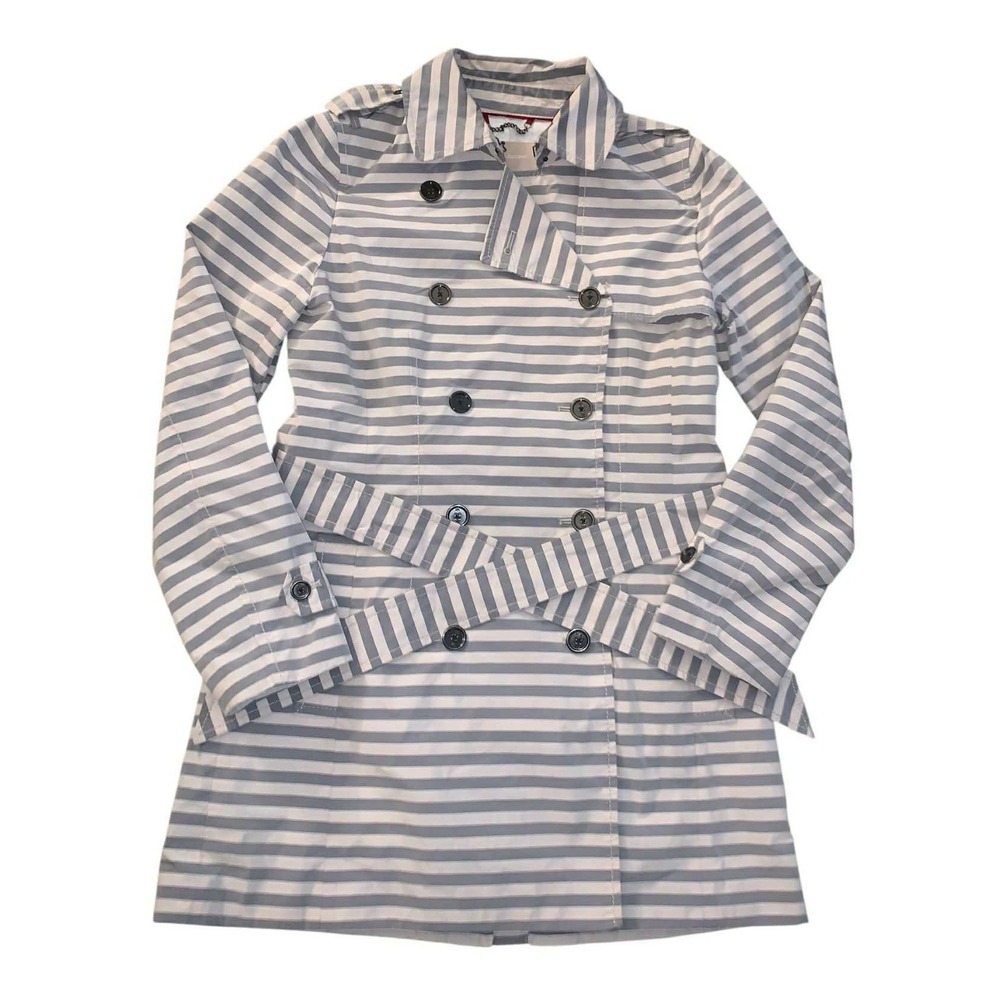 Banana Republic Trench Coat Women S Gray White Stripe Belted Preppy Nautical